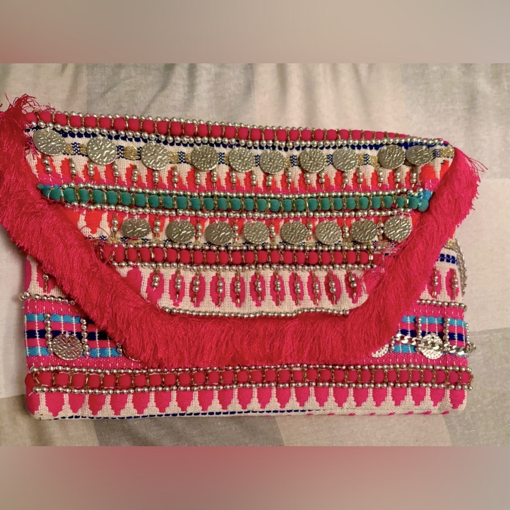 Express BoHo Rustic Pink Fringe Clutch Purse Beaded Ornamental